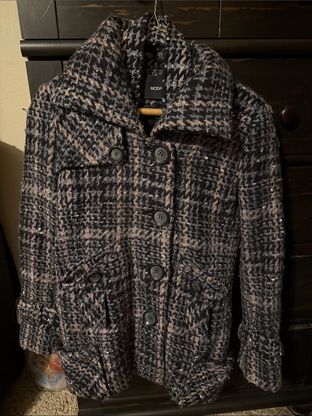 Moda Navy and Pink Houndstooth Wool-Blend Pea Coat